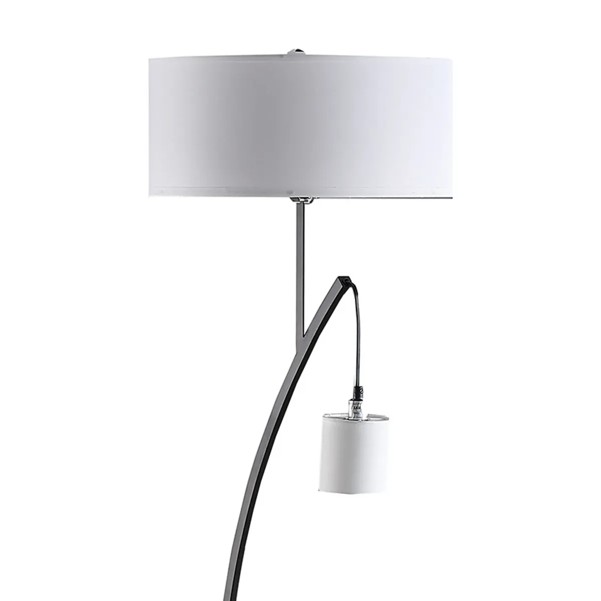 Jiya 59 Inch Arc Floor Lamp, Hanging Design, 2 White Drum Shades, Black - Benzara