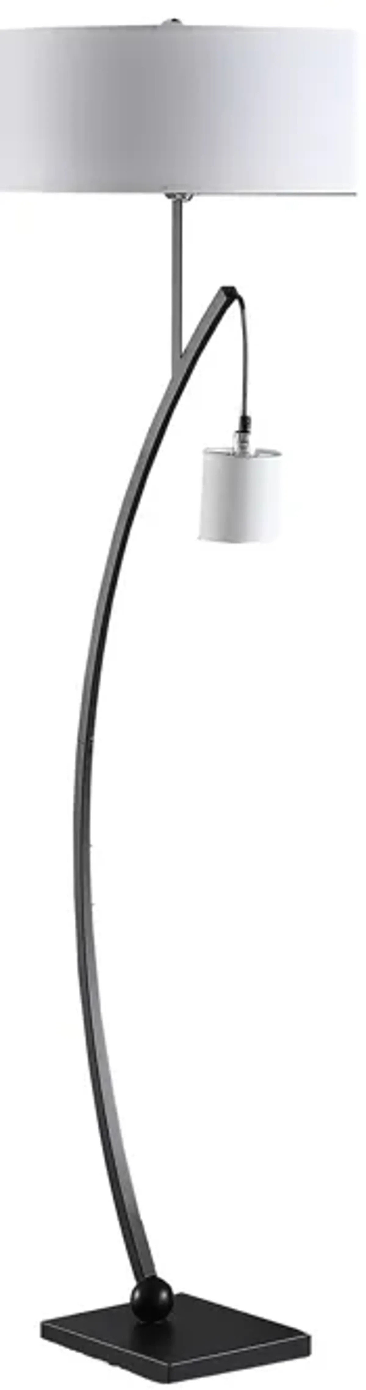 Jiya 59 Inch Arc Floor Lamp, Hanging Design, 2 White Drum Shades, Black - Benzara