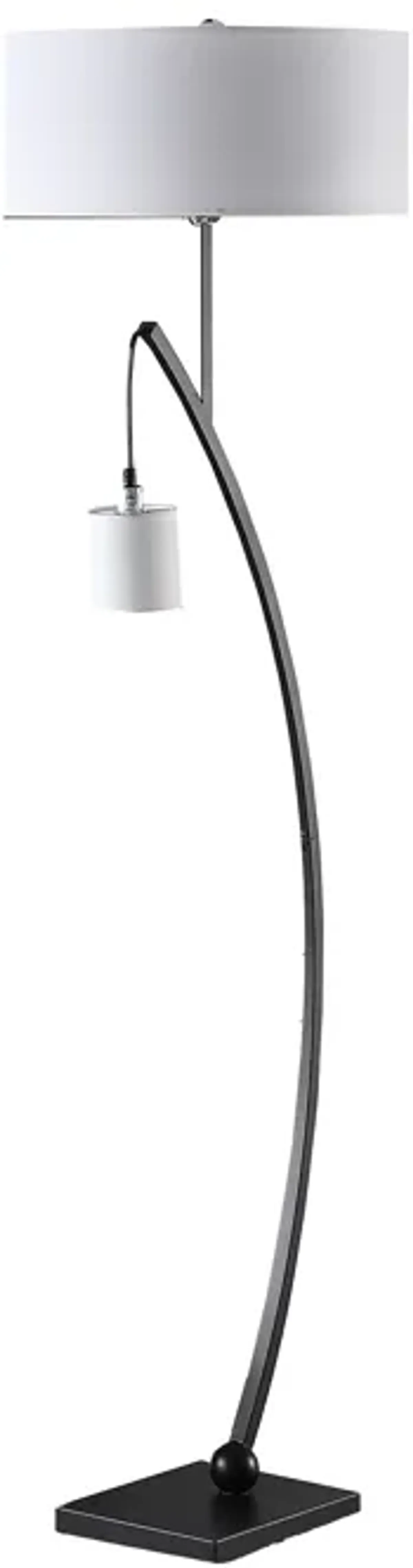 Jiya 59 Inch Arc Floor Lamp, Hanging Design, 2 White Drum Shades, Black - Benzara