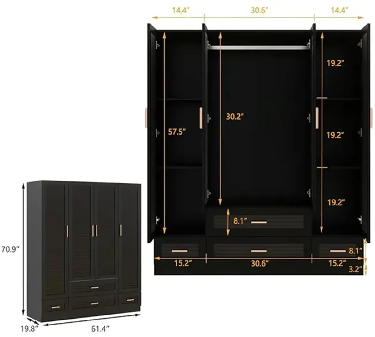 Wooden Armoire Wardrobe Closet,Tall Cabinet with 4 Doors, 4 Drawers, Hanging Rods and Shelves for Bedroom Armoire Storage,Black