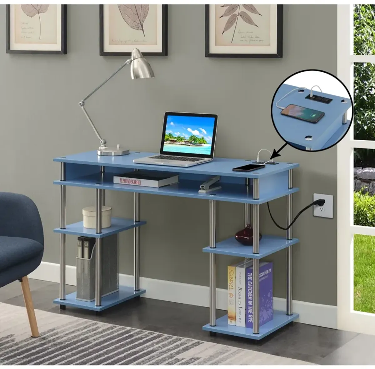 Convenience Concepts Designs2Go No Tools Student Desk with Charging Station and Shelves