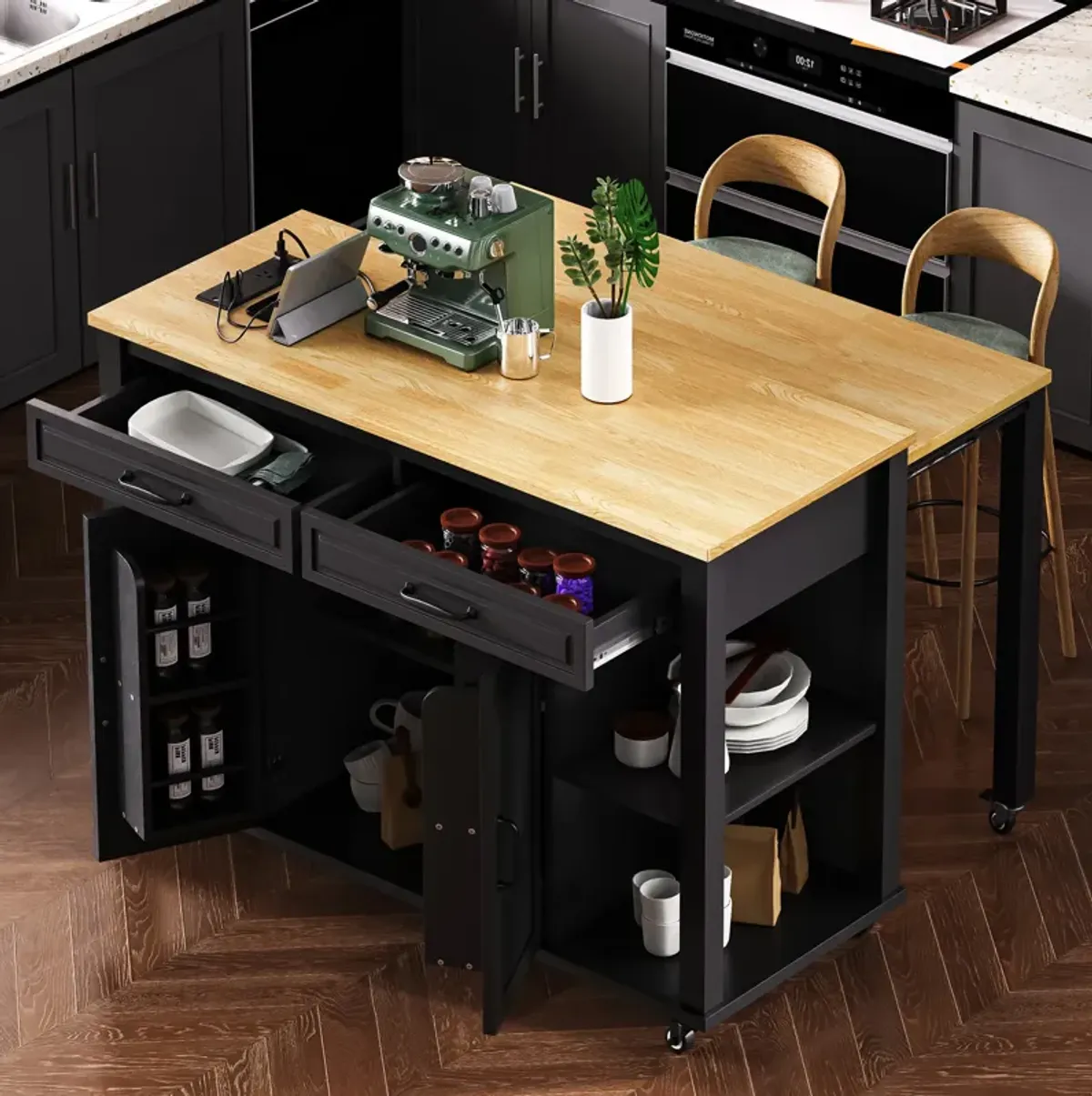 Whisen 47" Kitchen Island with Extendable Dining Table, Rubber Wood Veneer Kitchen Table with Storage Rack and Power Outlet - Black