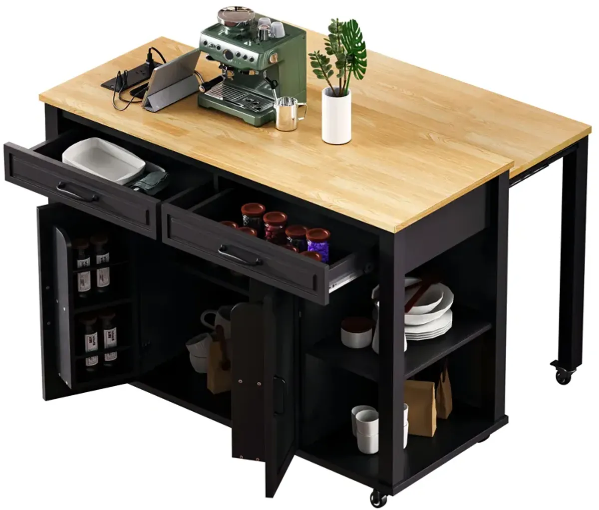 Whisen 47" Kitchen Island with Extendable Dining Table, Rubber Wood Veneer Kitchen Table with Storage Rack and Power Outlet - Black