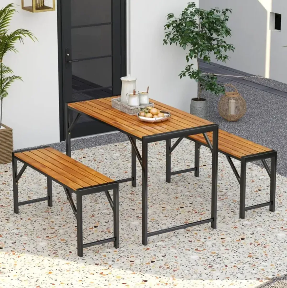 Hivvago 3 Pieces Patio Dining Set with Picnic Table and 2 Benches for 4 People