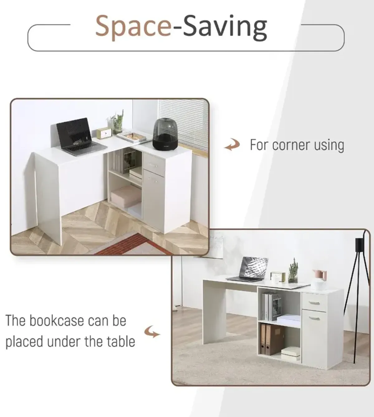 White Corner Workstation: L-Shaped Desk with Rotating Shelves & Drawer