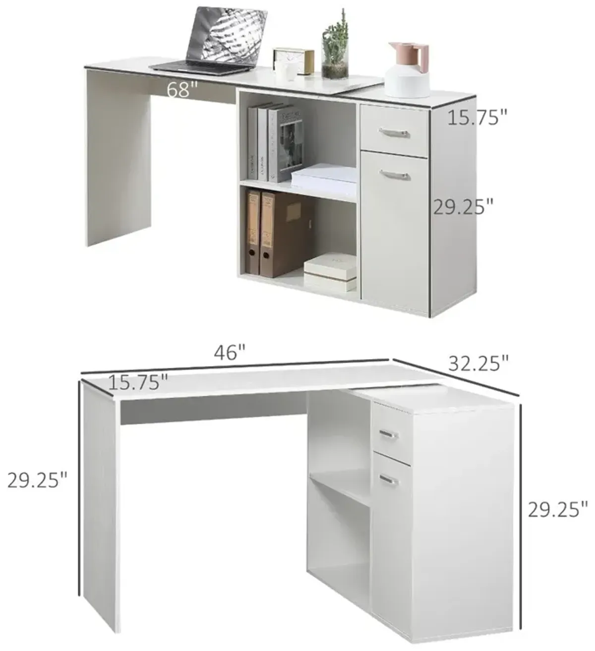 White Corner Workstation: L-Shaped Desk with Rotating Shelves & Drawer