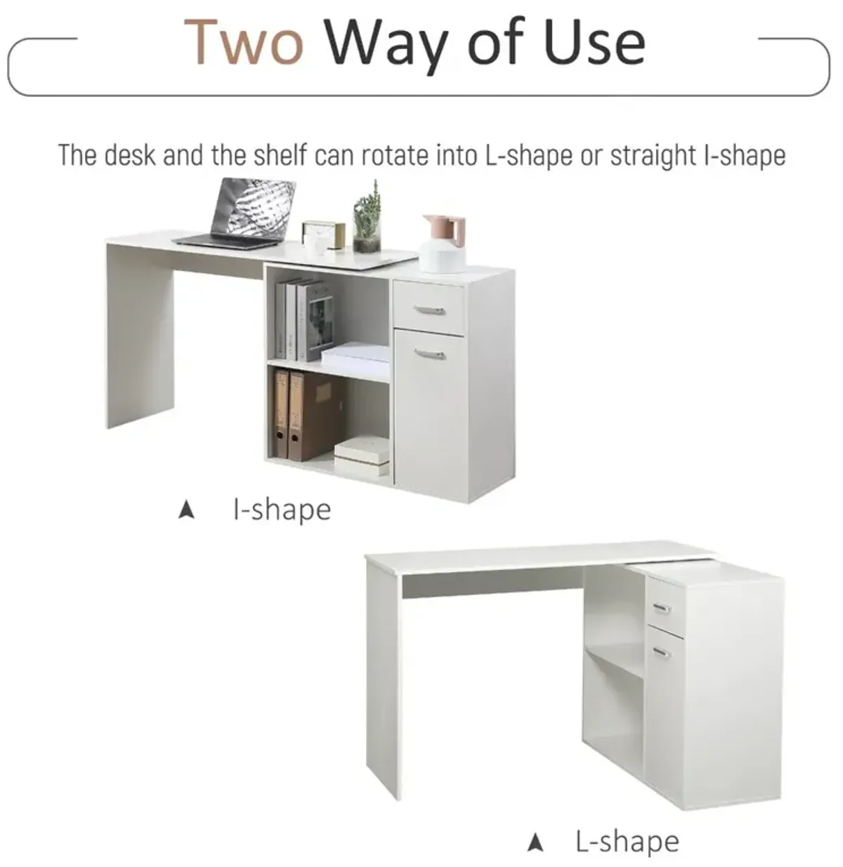 White Corner Workstation: L-Shaped Desk with Rotating Shelves & Drawer