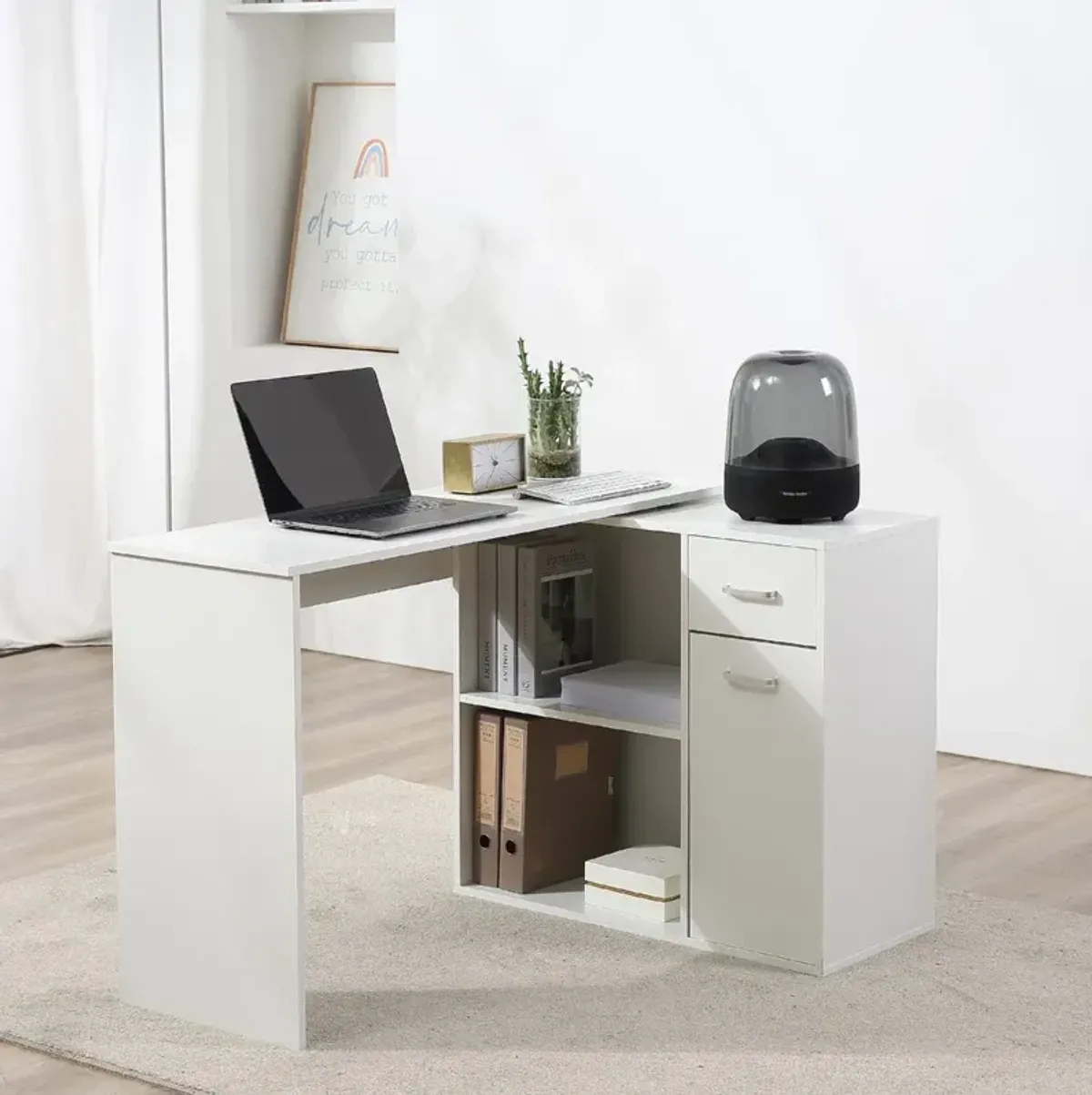 White Corner Workstation: L-Shaped Desk with Rotating Shelves & Drawer