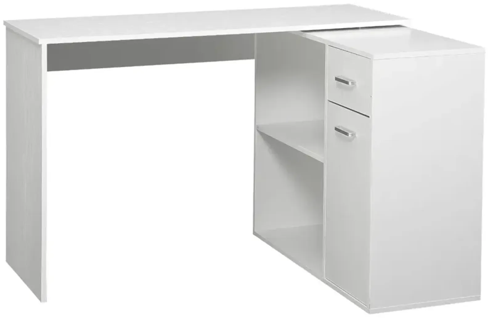 White Corner Workstation: L-Shaped Desk with Rotating Shelves & Drawer