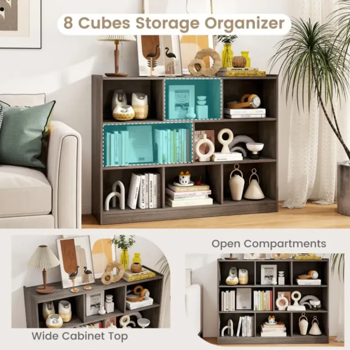 Hivvago 3-Tier Open Bookcase 8-Cube Floor Standing Storage Shelves Display Cabinet