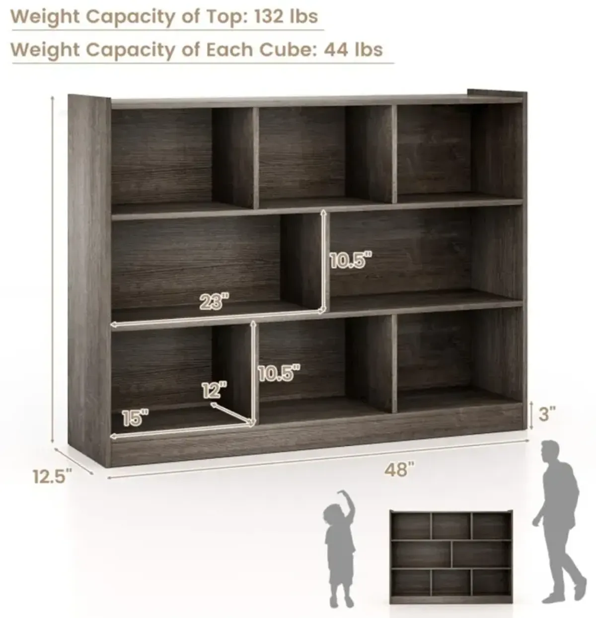 Hivvago 3-Tier Open Bookcase 8-Cube Floor Standing Storage Shelves Display Cabinet