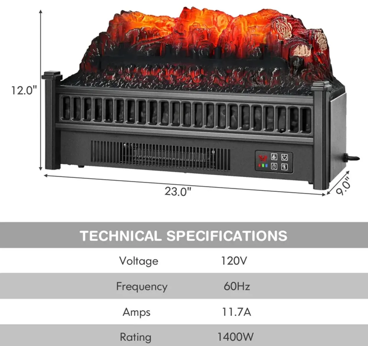 1400W Electric Fireplace Log Heater with Adjustable Flame Brightness