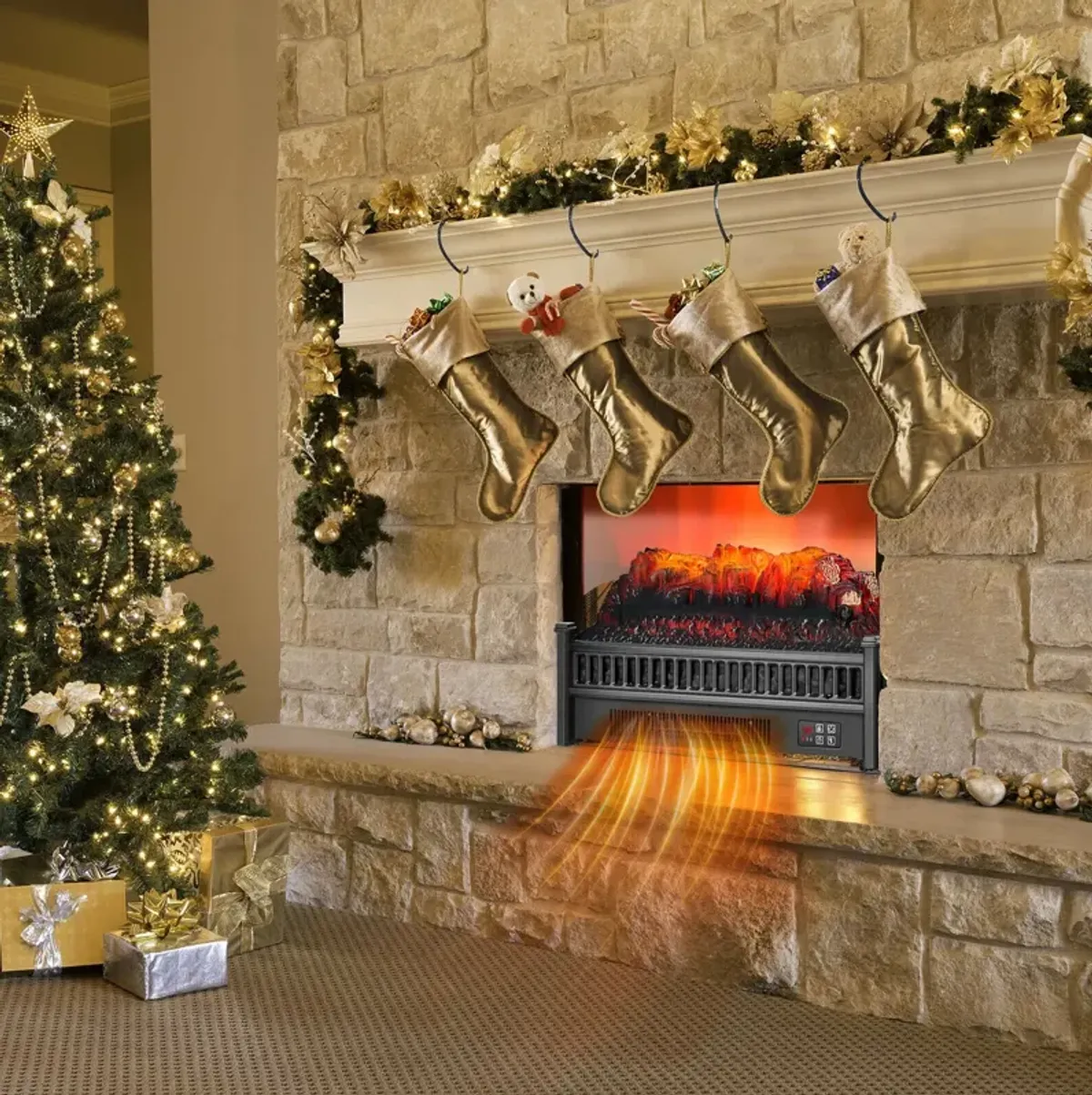 1400W Electric Fireplace Log Heater with Adjustable Flame Brightness