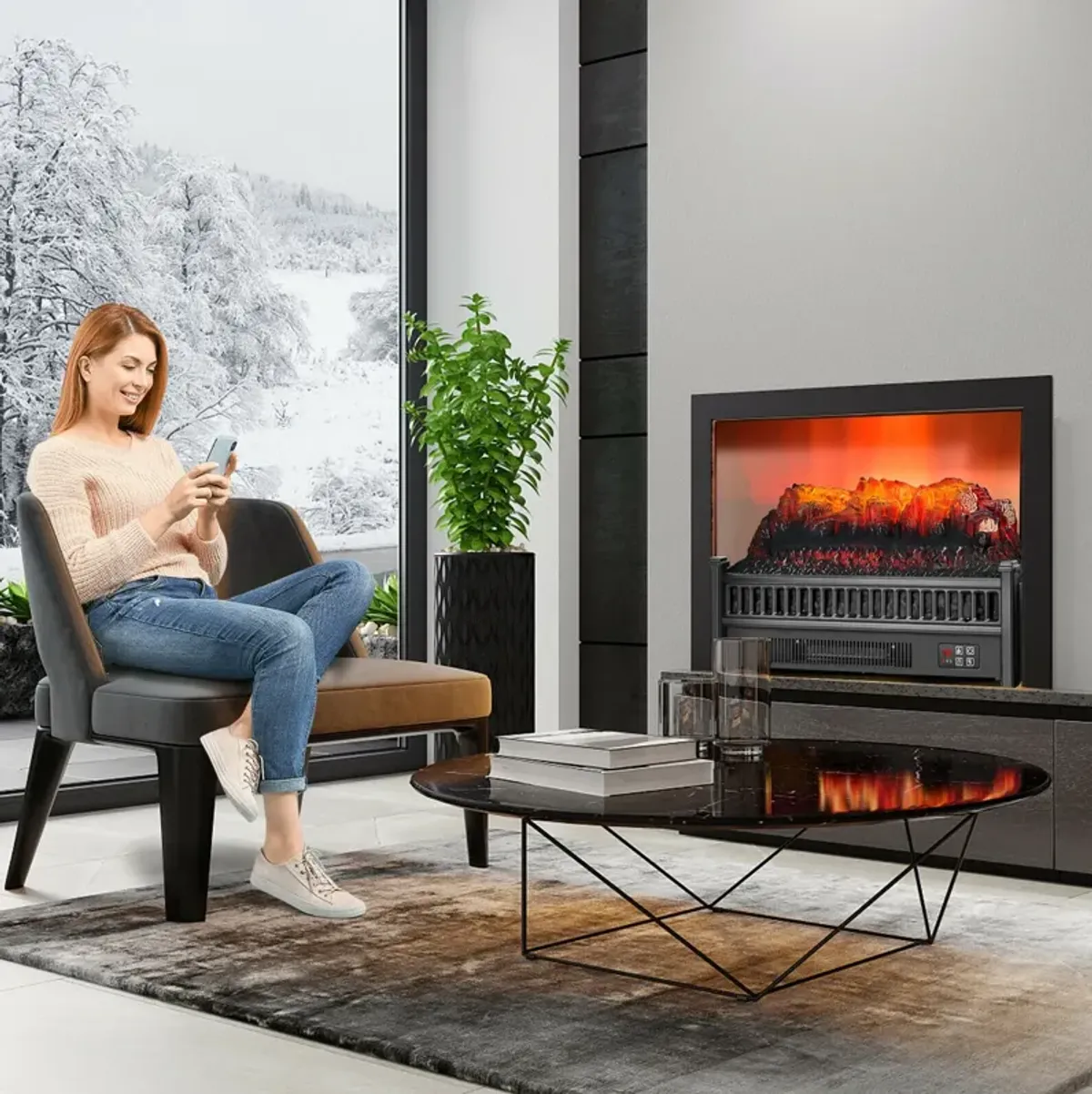 1400W Electric Fireplace Log Heater with Adjustable Flame Brightness