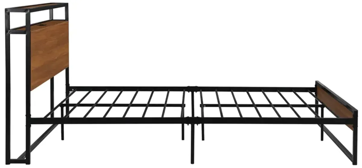 Queen Size Metal Platform Bed Frame with Sockets, USB Ports and Slat Support, No Box Spring Needed