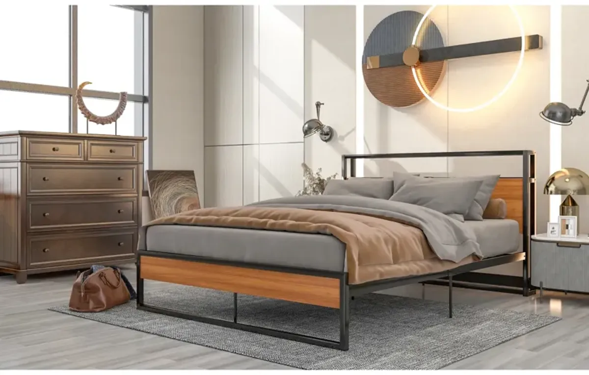 Queen Size Metal Platform Bed Frame with Sockets, USB Ports and Slat Support, No Box Spring Needed