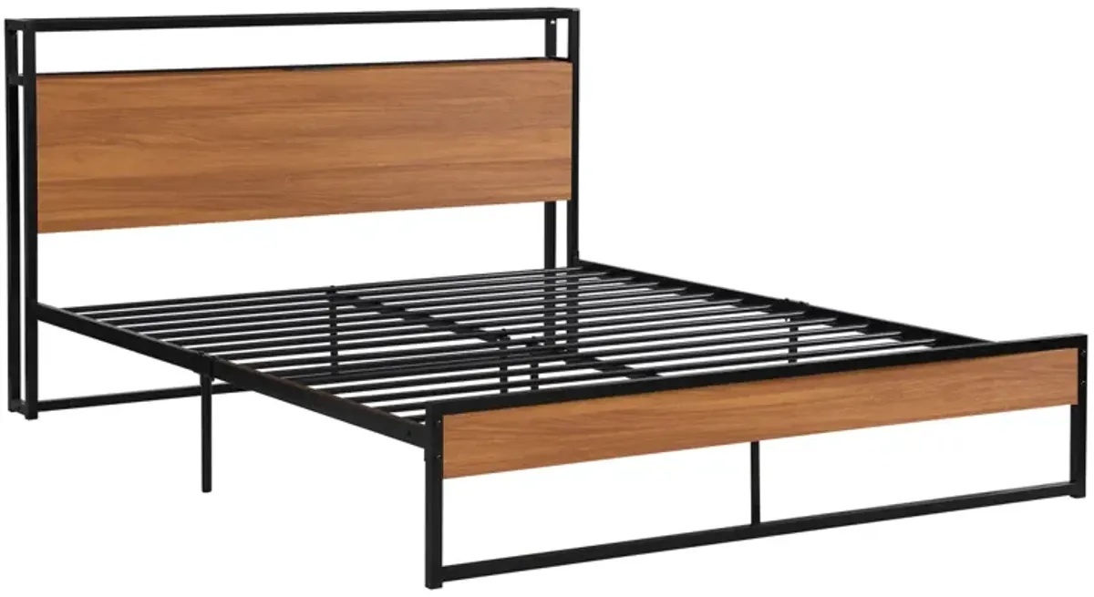 Queen Size Metal Platform Bed Frame with Sockets, USB Ports and Slat Support, No Box Spring Needed