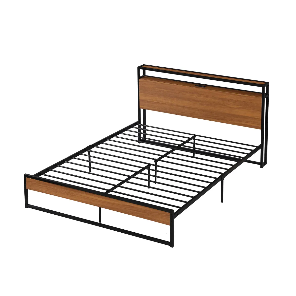 Queen Size Metal Platform Bed Frame with Sockets, USB Ports and Slat Support, No Box Spring Needed