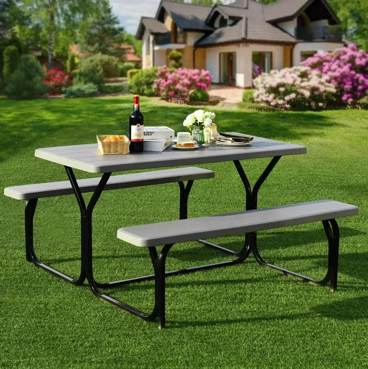 HDPE Outdoor Picnic Table Bench Set with Metal Base