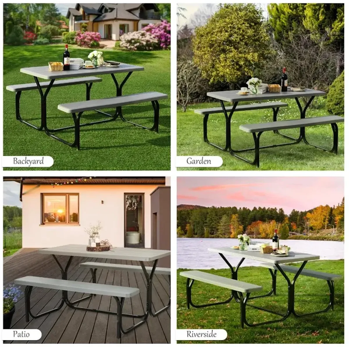 HDPE Outdoor Picnic Table Bench Set with Metal Base