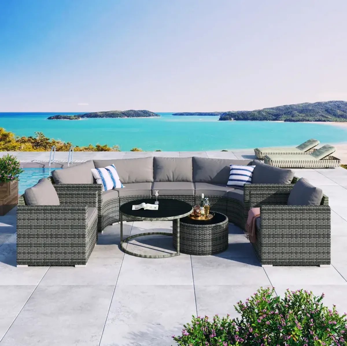 Whisen Modern Style Outdoor Half-moon Patio Sofa Set, 9-Pieces Round Sofa Set - Blue