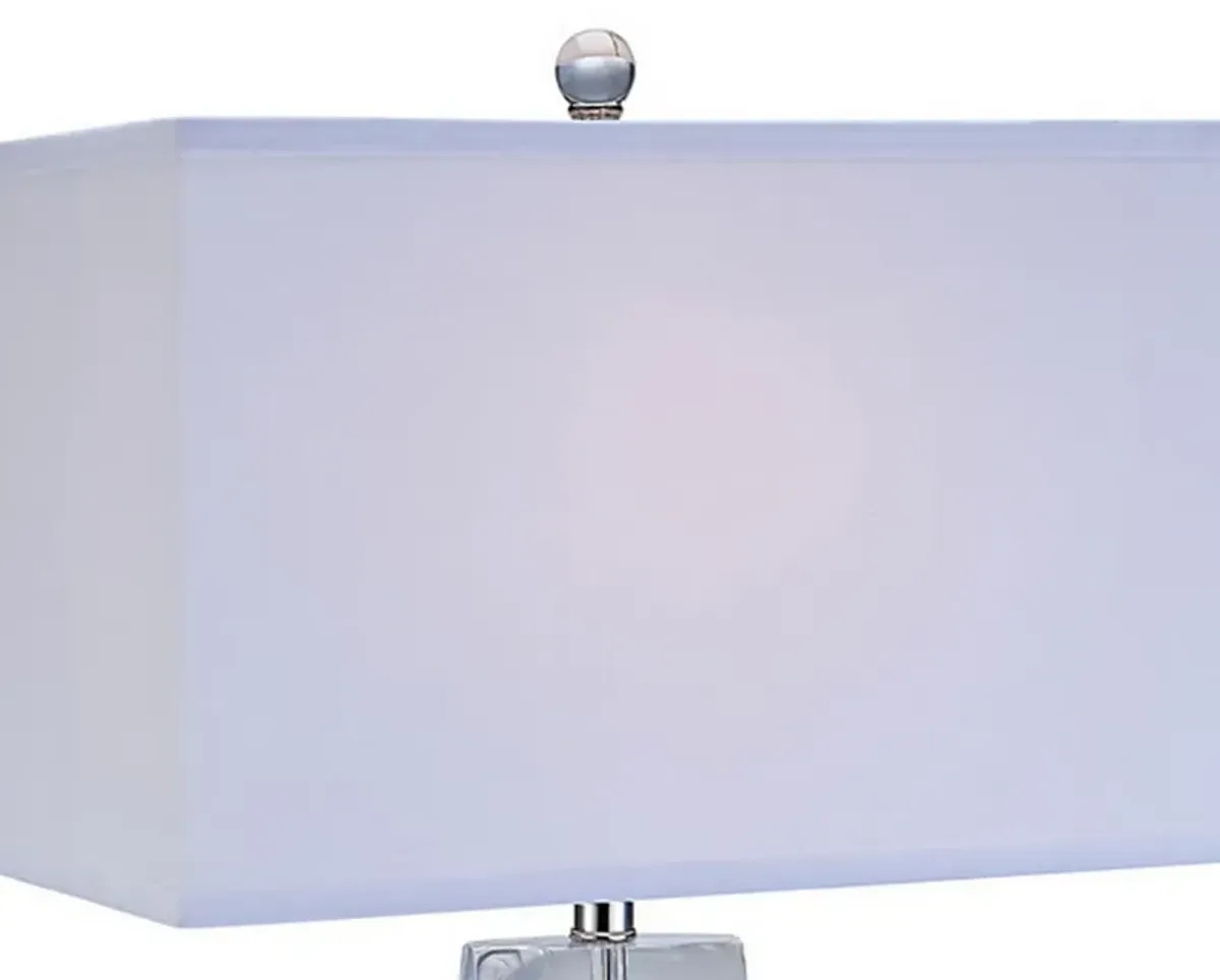 28 Inch Table Lamp, Crystal Stand, White Rectangular Shade, Metal, Clear -Benzara