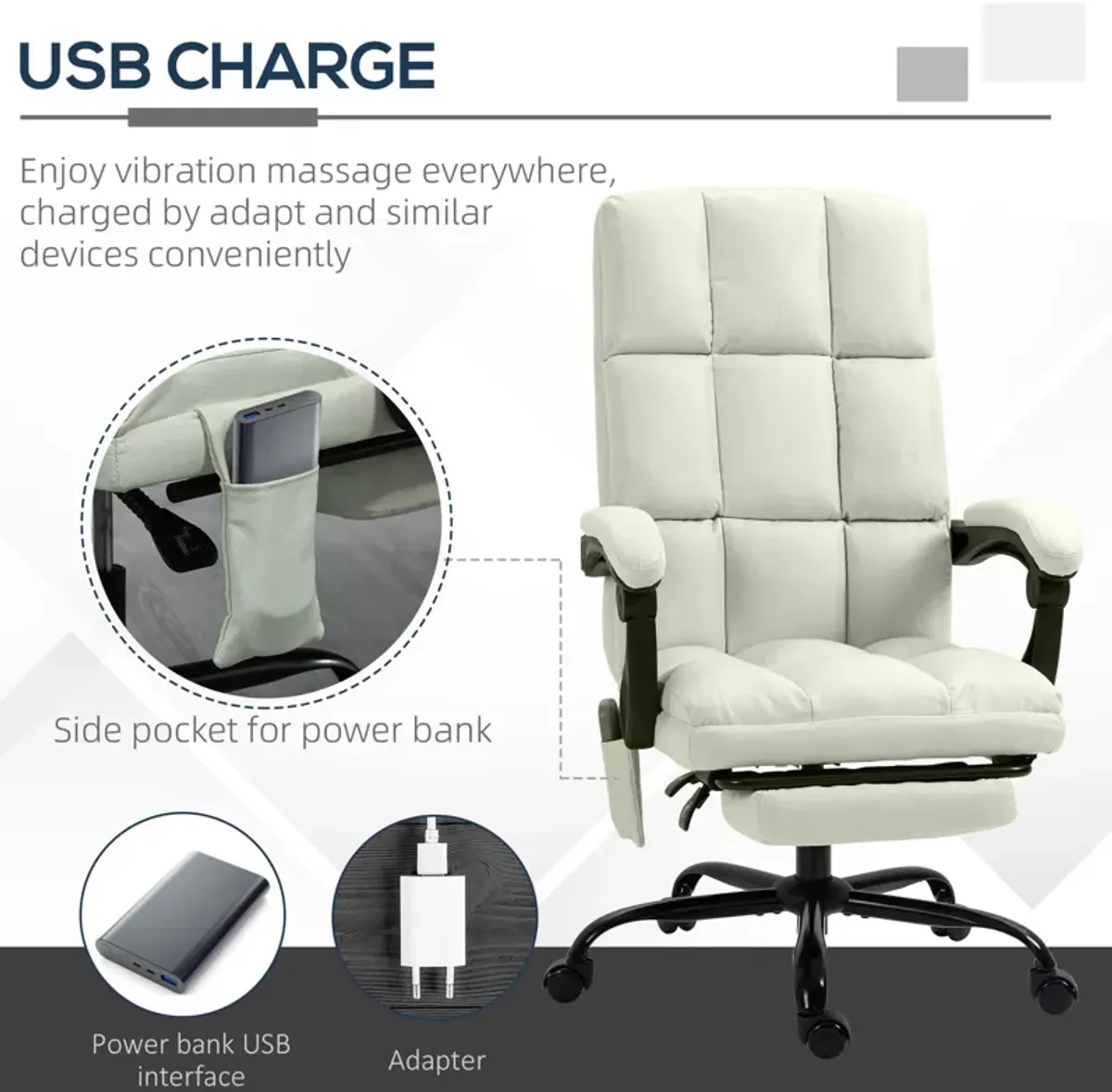 Cream White Office Comfort: Reclining Massage Chair with USB Port