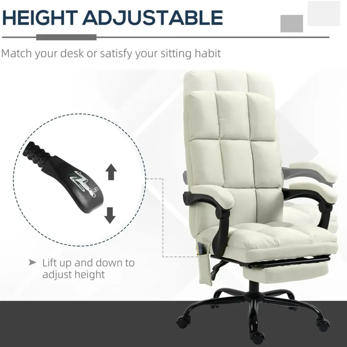 Cream White Office Comfort: Reclining Massage Chair with USB Port