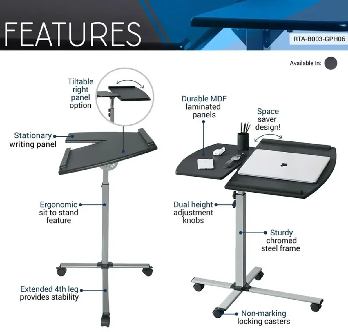 Techni Mobili Rolling Adjustable Laptop Cart. Color: Graphite