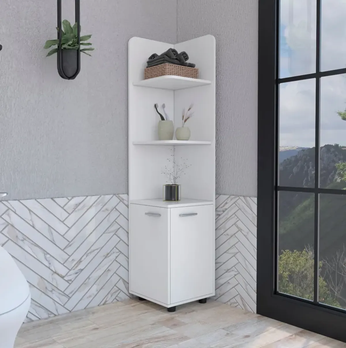 DEPOT E-SHOP Vestal Tall Corner Cabinet with 3-Tier Shelf and 2-Door, White