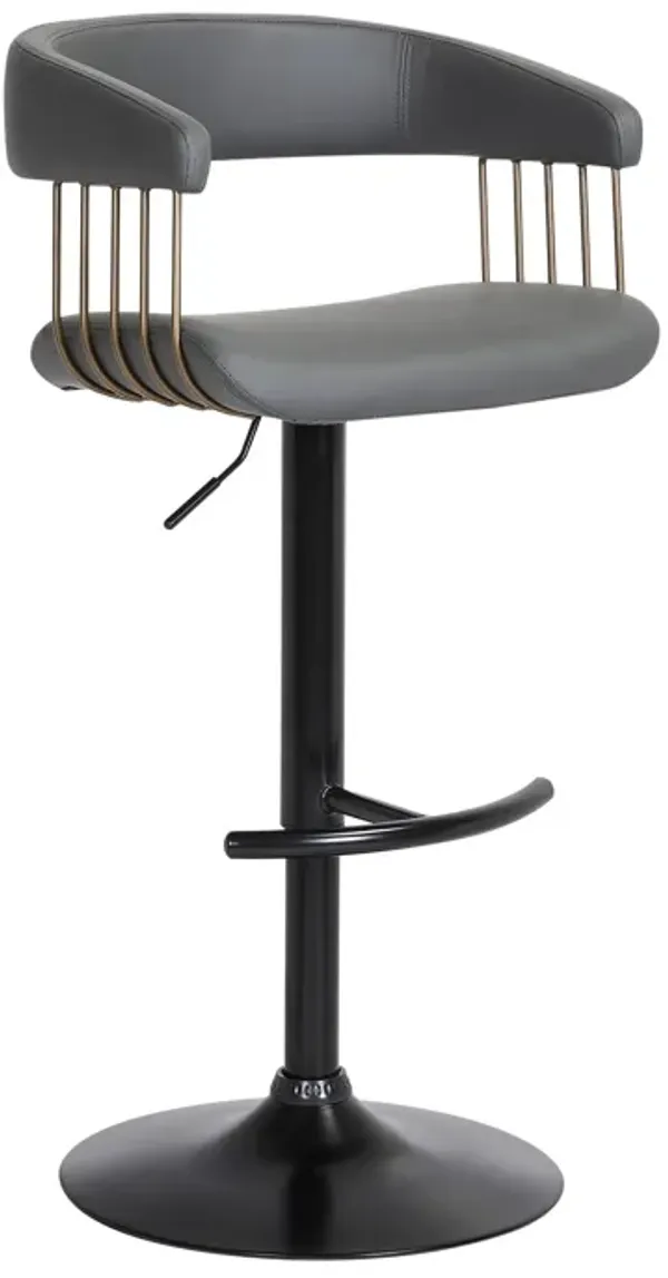 Arya Barstool Chair, 24-33 Inch Adjustable Height, Gray Faux Leather Bronze - Benzara