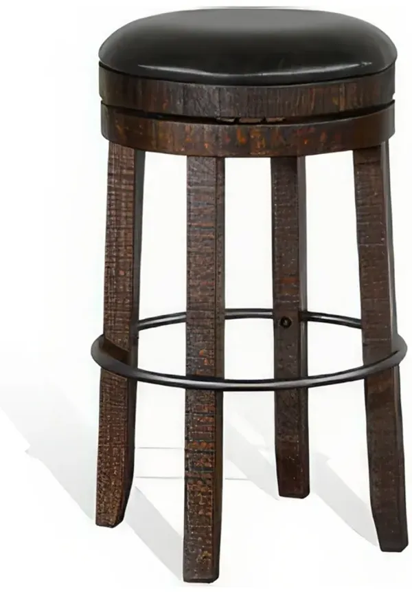 Flint Swivel Barstool Set of 2, Black Faux Leather, Dark Brown Wood - Benzara