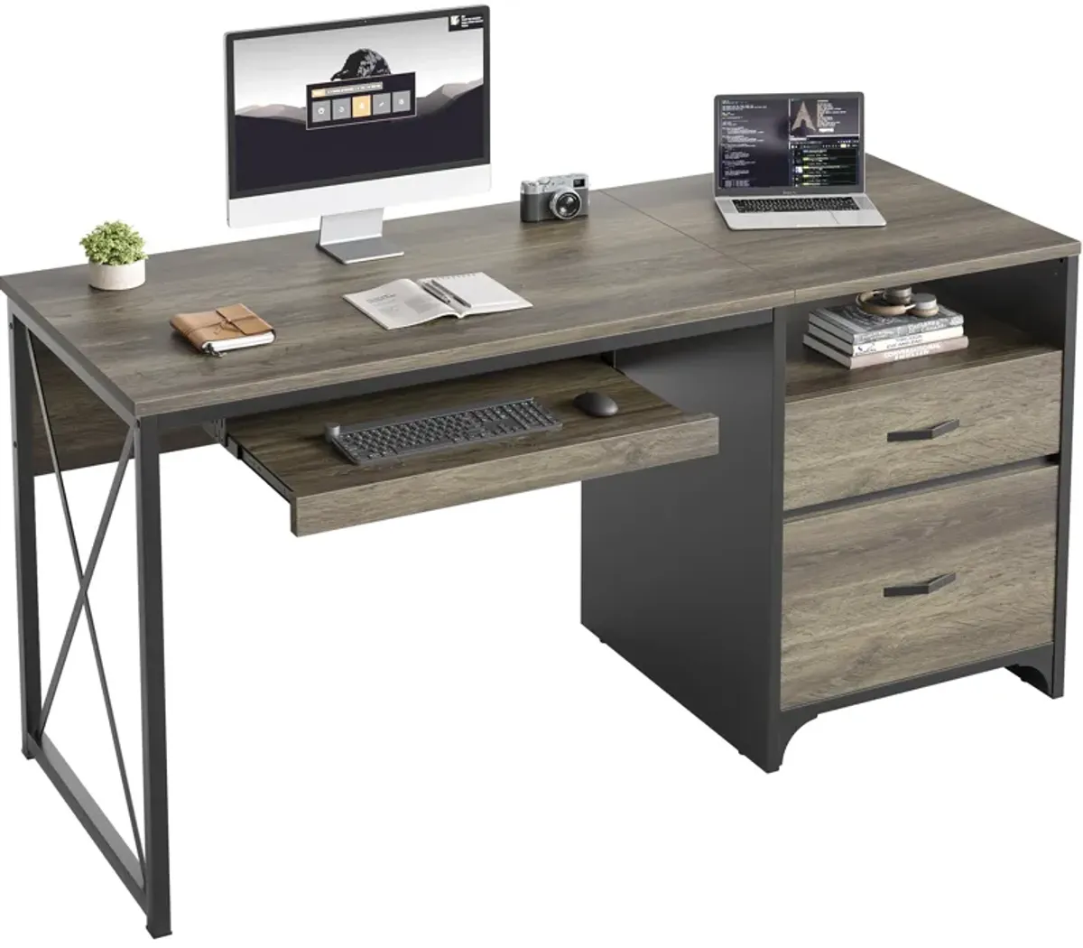 Bestier Office Desk with Drawers, 55 inch Industrial Computer Desk with Storage, Wood Teacher Desk with Keyboard Tray & File Dra