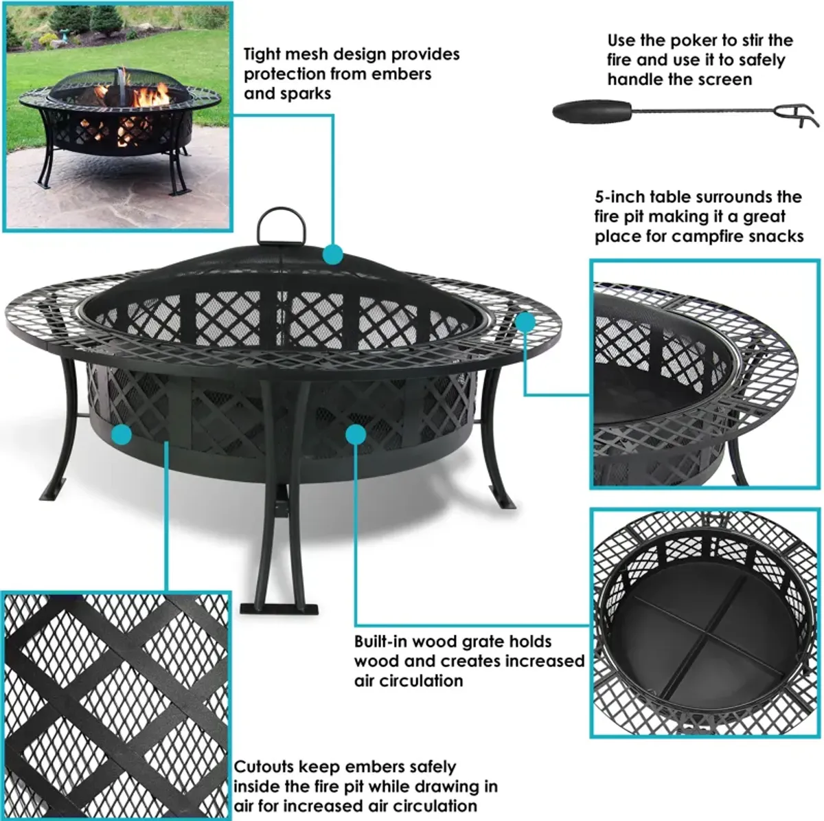 Sunnydaze 40 in Diamond Weave Steel Fire Pit with Spark Screen and Poker