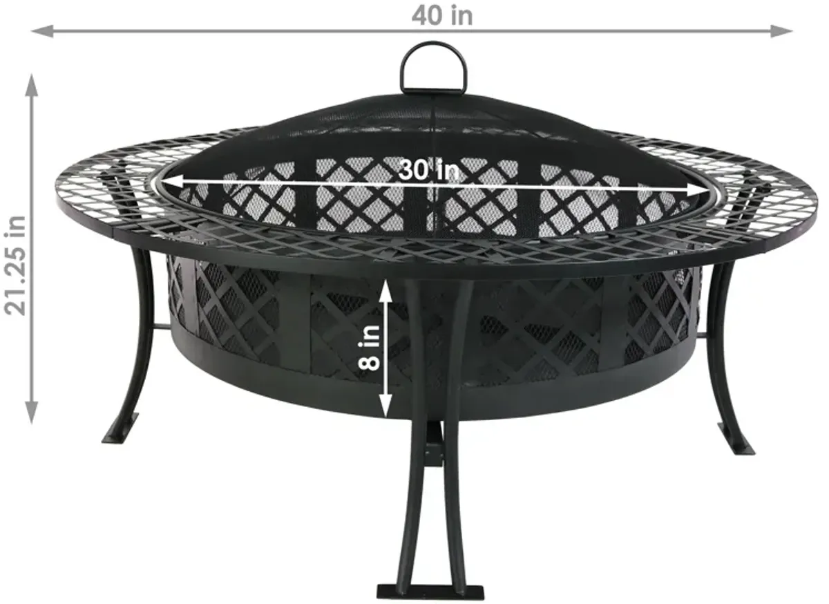 Sunnydaze 40 in Diamond Weave Steel Fire Pit with Spark Screen and Poker