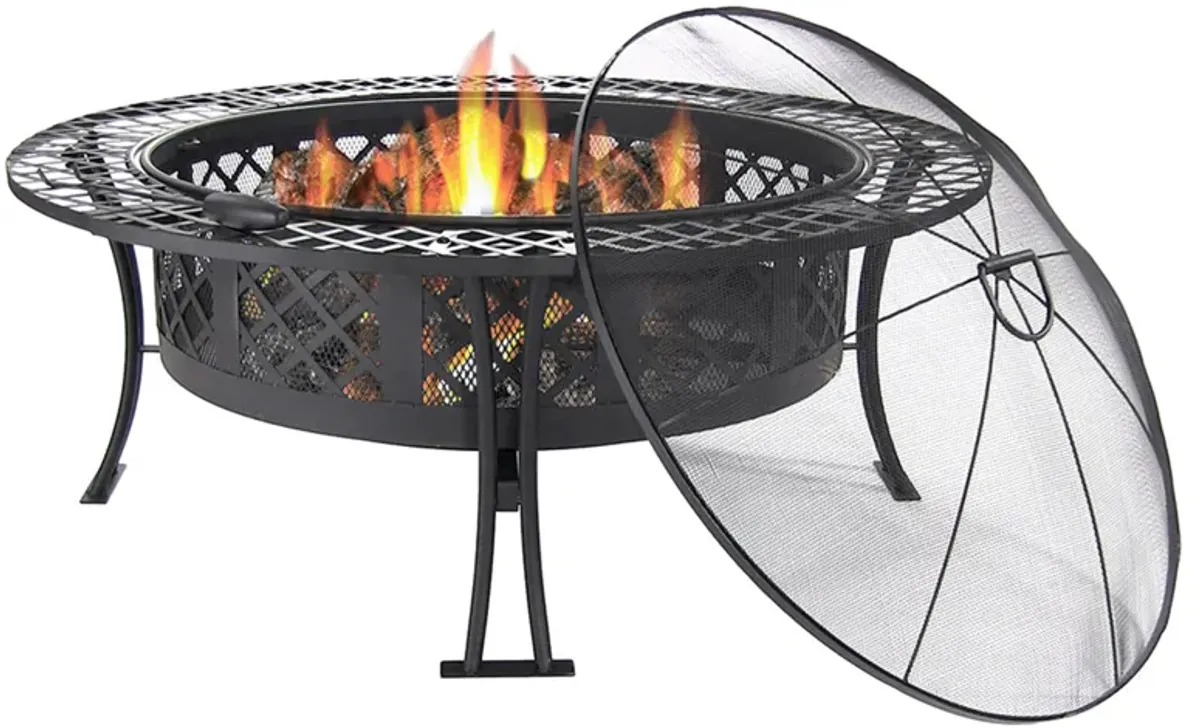 Sunnydaze 40 in Diamond Weave Steel Fire Pit with Spark Screen and Poker