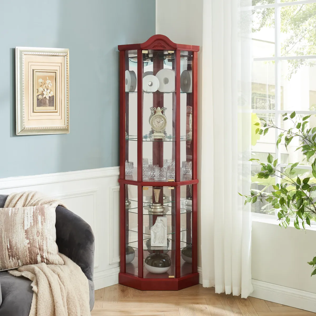Elegant Glass Curio Cabinet with Lights and Adjustable Shelves
