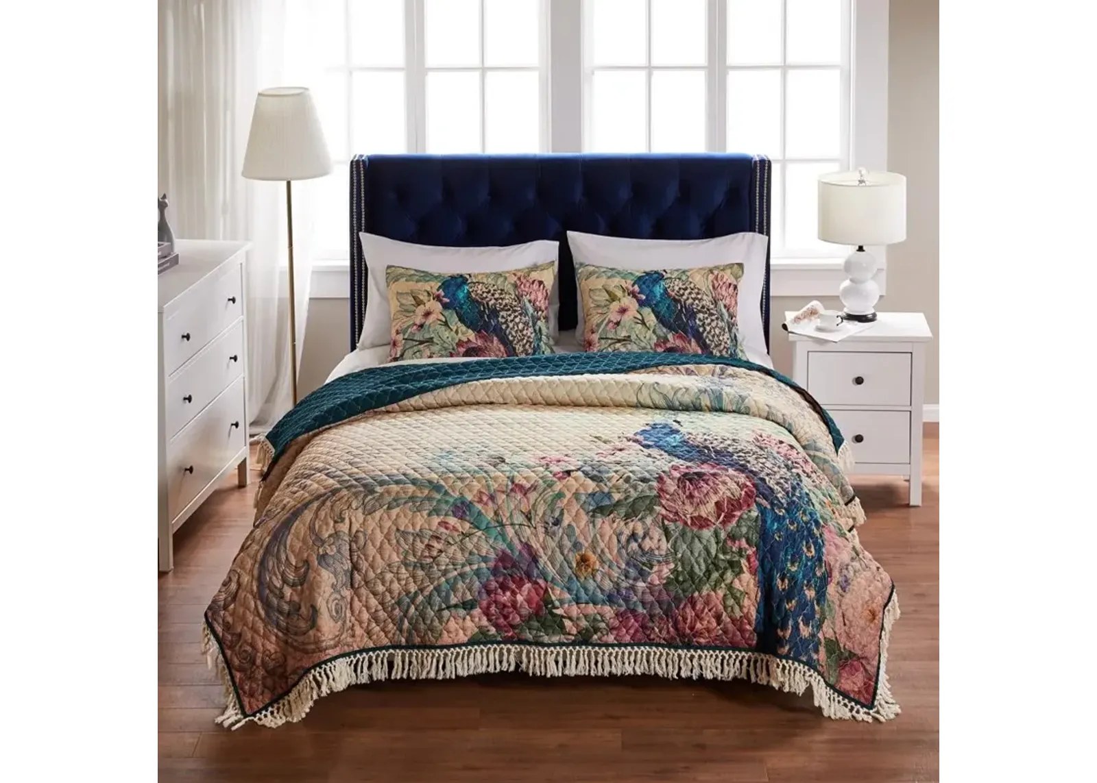 Barefoot Bungalow Eden Peacock Soft Quilt Coverlet Bedding Set, 3-Piece King/Cal King, Ecru