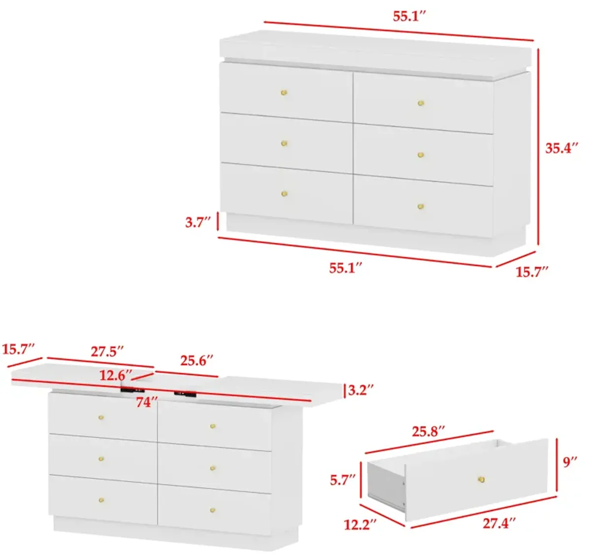 55.1"Wide 6 Drawer Double Dresser