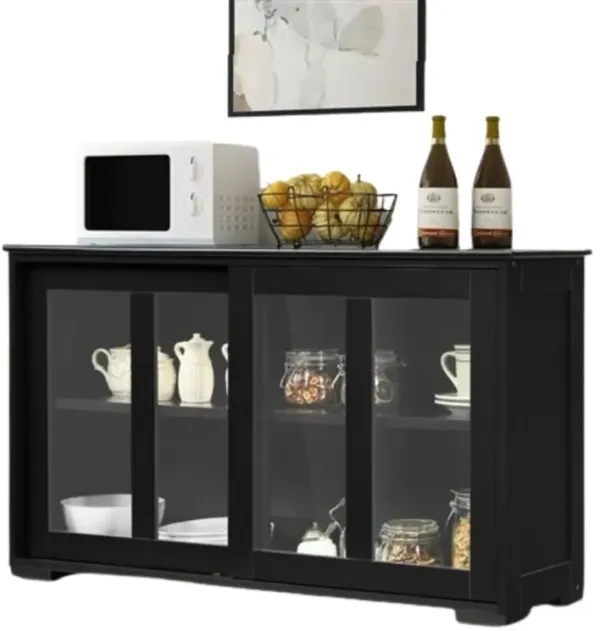Hivvago Black Wood Buffet Kitchen Dining Sideboard Storage Cabinet w/ Glass Sliding Door
