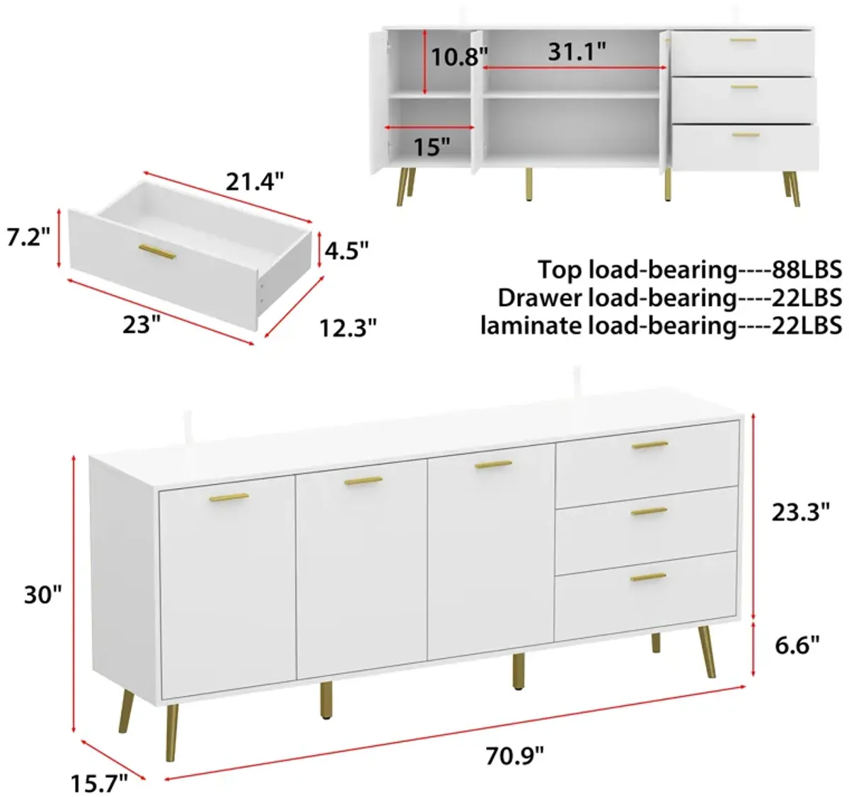 FUFU&GAGA Modern Sideboard Buffet Cabinet with 3 Drawers and 3 Doors, (70.9" W x 15.7" D x 30" H),White