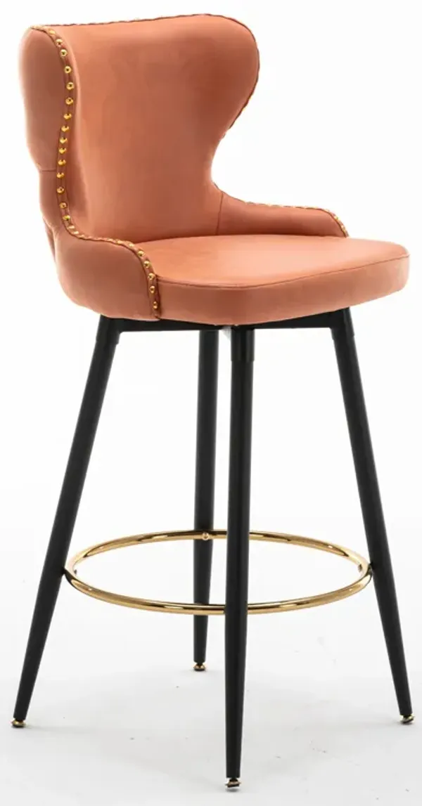 Hivvago 2pcs Gold Accent Bar Stools Tufted Fabric Upholstery with Nailhead Lining and Metal Legs