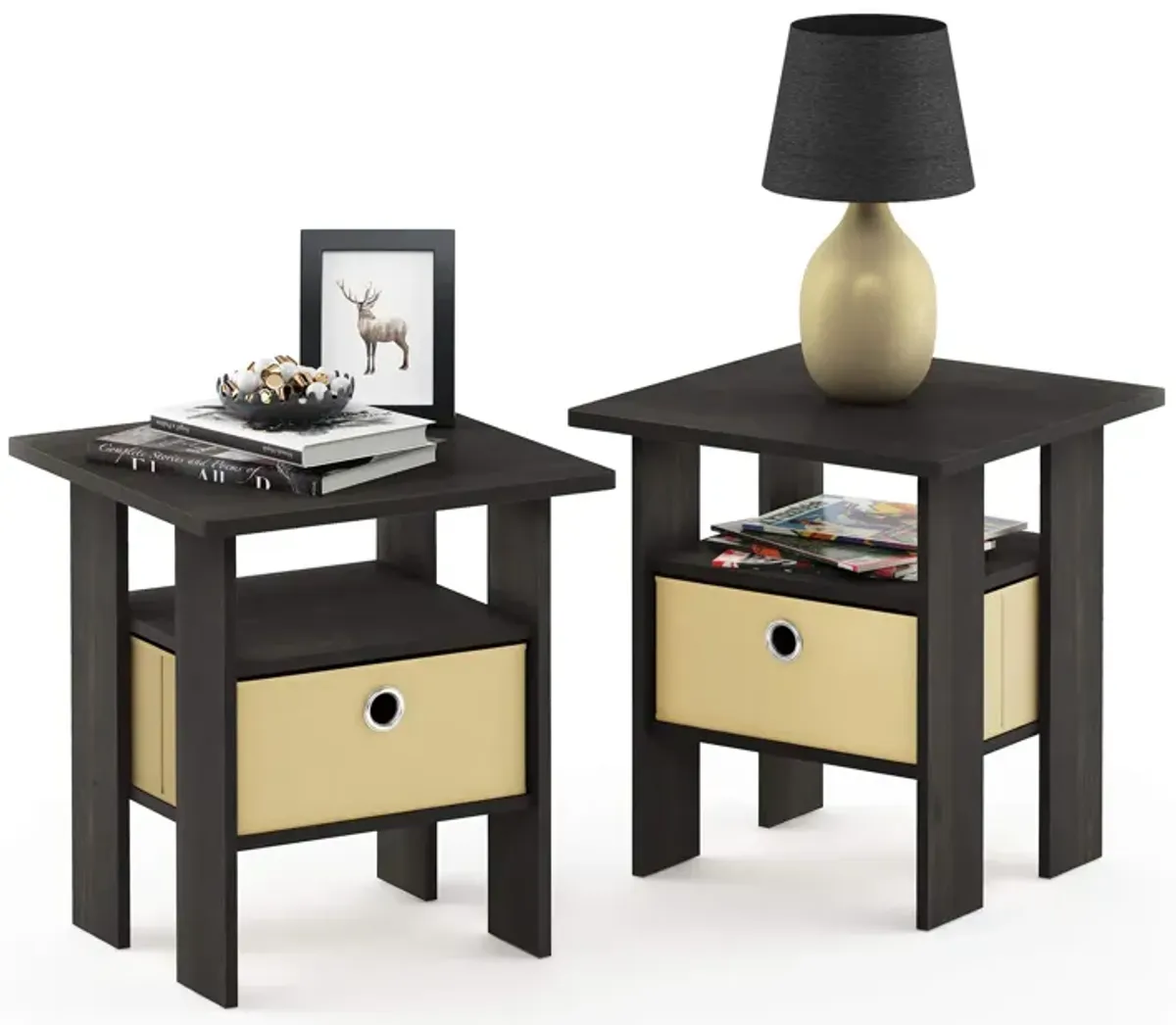 FurinnoFurinno Andrey Set of 2 End / Side Table / Night Stand / Bedside Table with Bin Drawer, Espresso