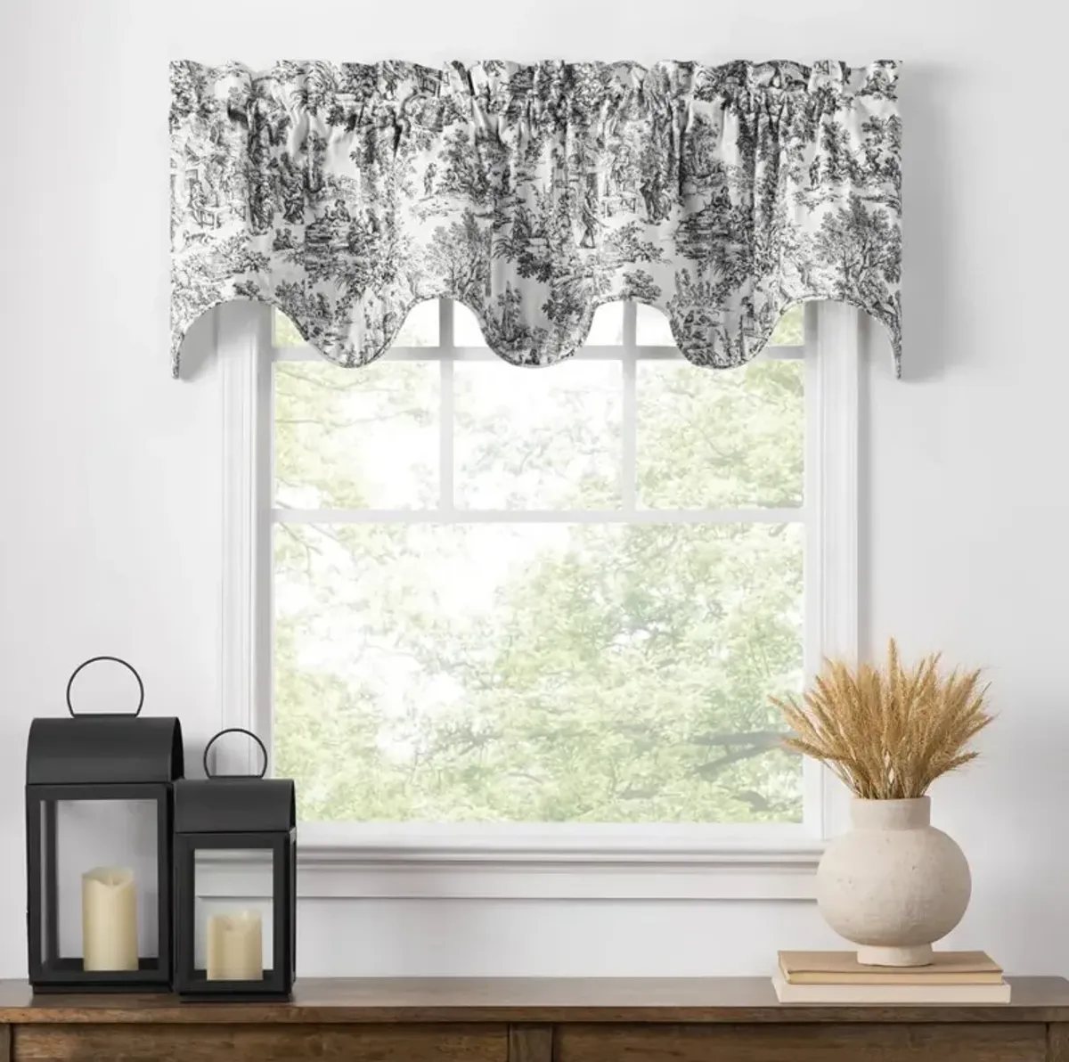 Ellis Curtain Victoria Park Toile High Quality Room Darkening Solid Color Lined Scallop Window Valance - 70 x16", Black