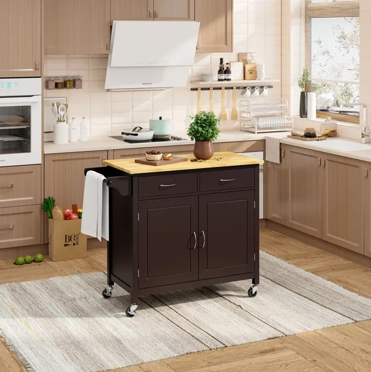 Modern Rolling Kitchen Cart Island with Wooden Top