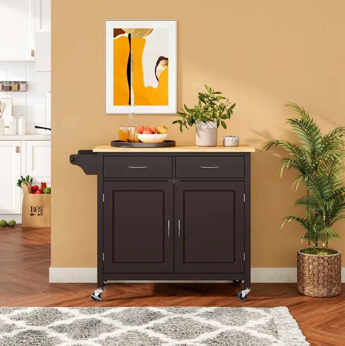 Modern Rolling Kitchen Cart Island with Wooden Top