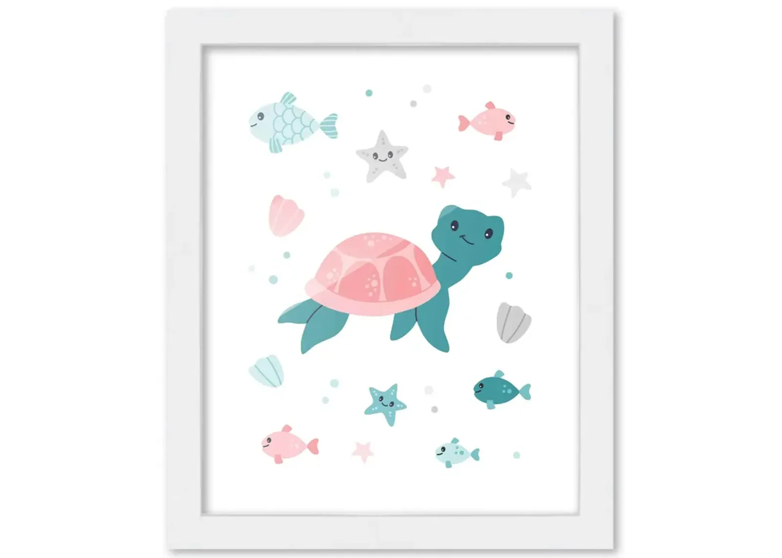 8x10 Framed Nursery Wall Art Turtle Poster In White Wood Frame For Kid Bedroom or Playroom