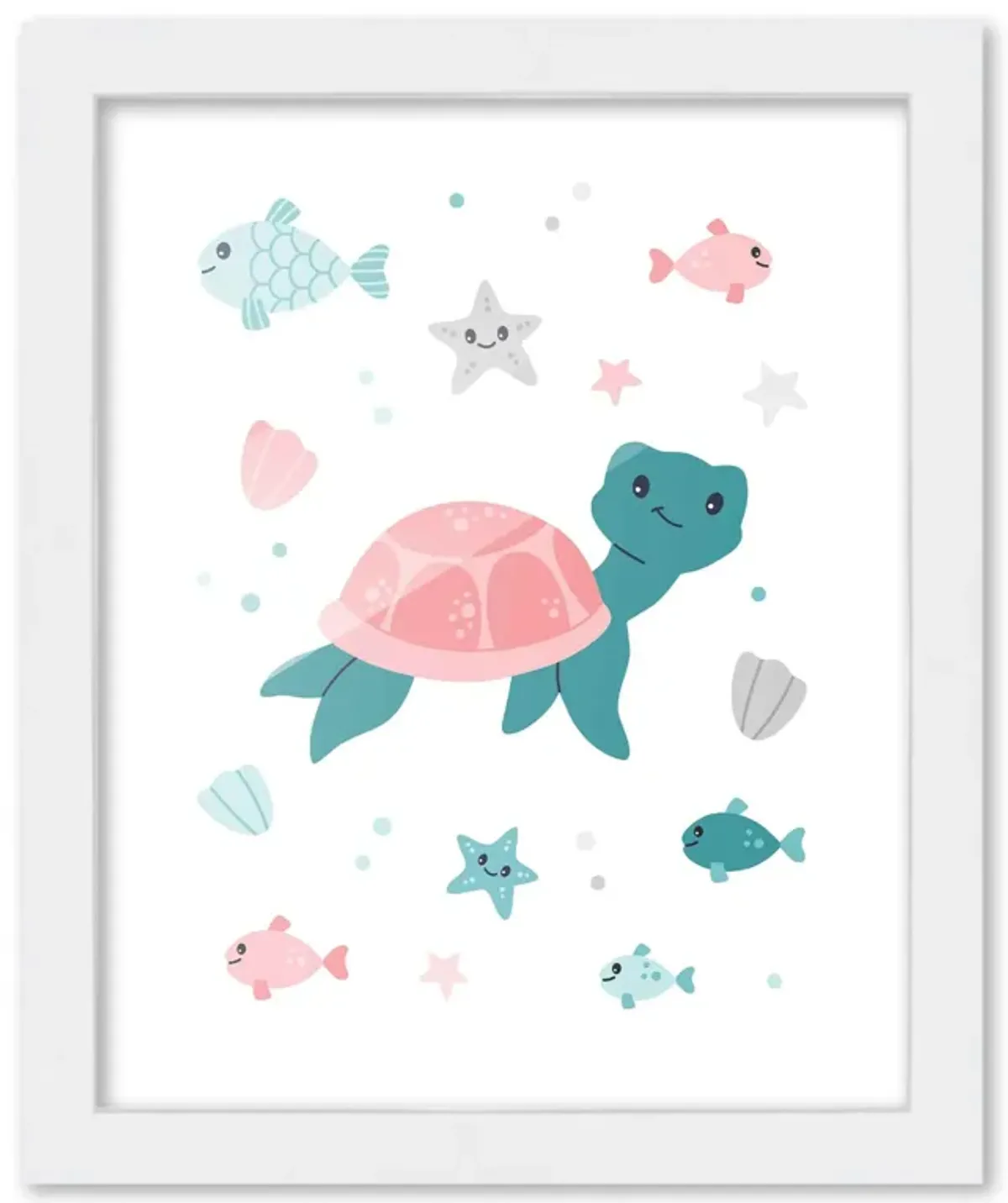 8x10 Framed Nursery Wall Art Turtle Poster In White Wood Frame For Kid Bedroom or Playroom