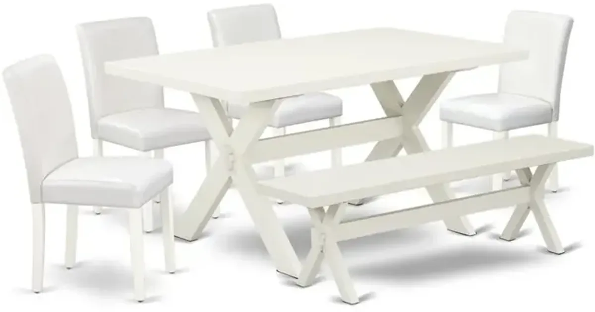East West Furniture X026AB264-6 6-Piece Stylish Dining Set a Superb Linen White Wood Table Top and Linen White Small Bench and 4 Lovely Solid Wood Legs and Pu Leather Seat Parson Chairs with Stylish C