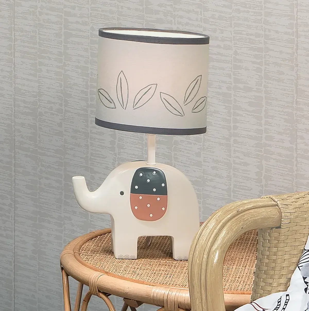 Lambs & Ivy Patchwork Jungle Modern Cream Elephant Lamp With Gray Shade & Bulb